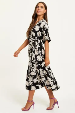 Midi Dresses^Liquorish Floral Print Midi Wrap Dress With Kimono Sleeves Black