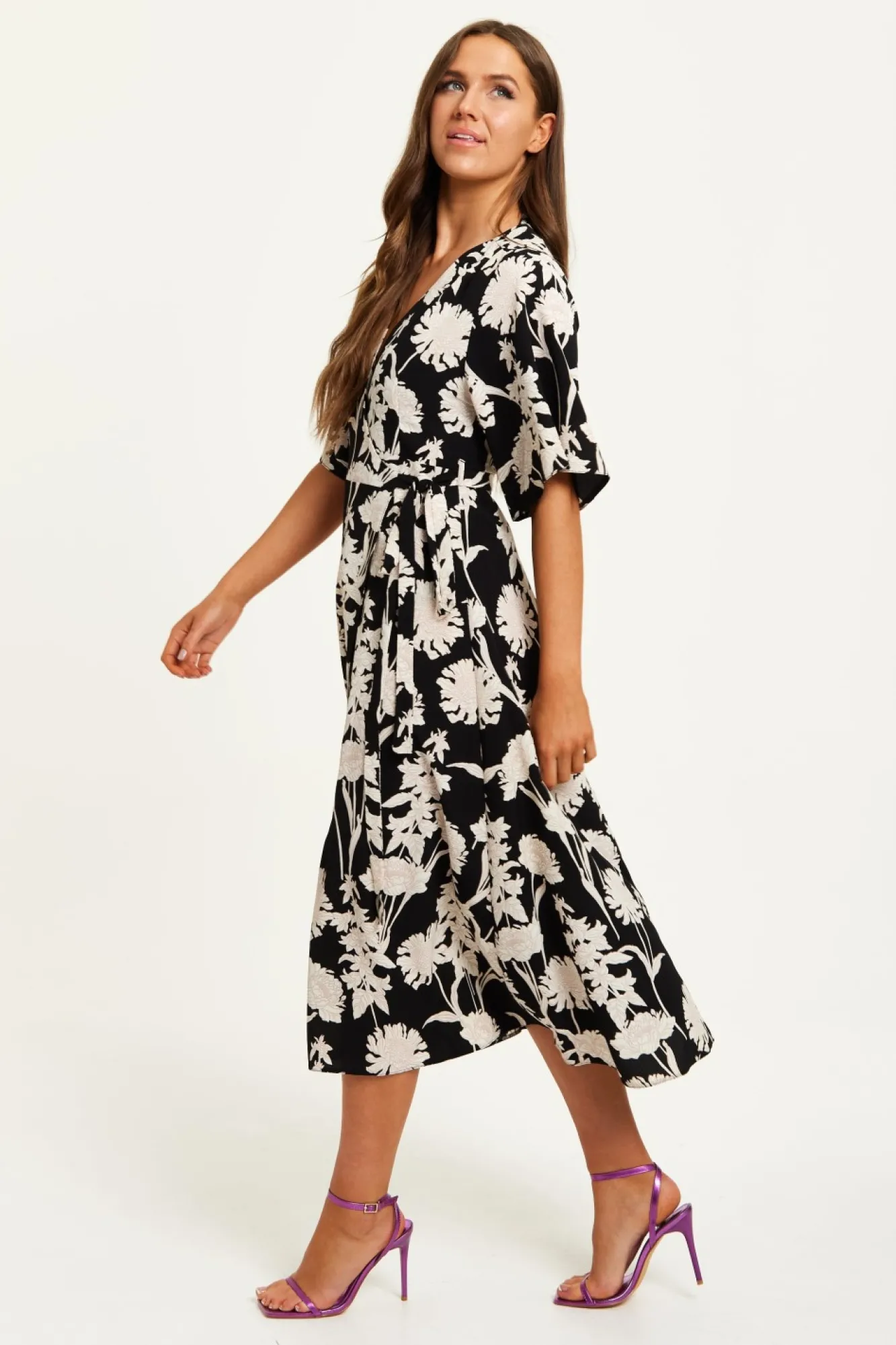 Midi Dresses^Liquorish Floral Print Midi Wrap Dress With Kimono Sleeves Black