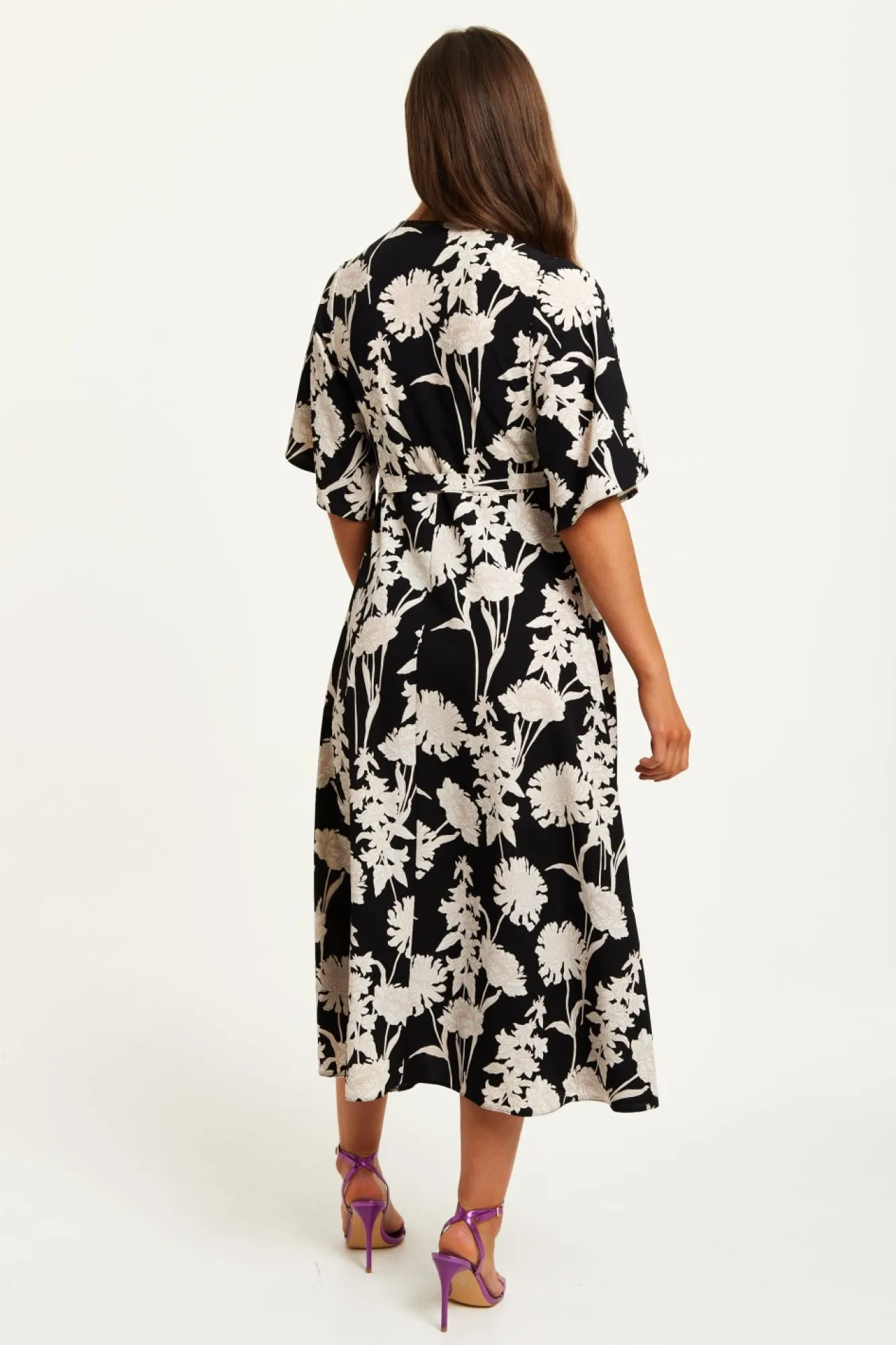 Midi Dresses^Liquorish Floral Print Midi Wrap Dress With Kimono Sleeves Black