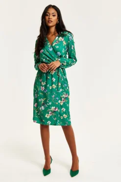 Midi Dresses^Liquorish Floral Print Midi Fake Wrap Dress Green