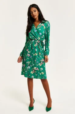 Midi Dresses^Liquorish Floral Print Midi Fake Wrap Dress Green