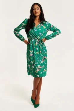 Midi Dresses^Liquorish Floral Print Midi Fake Wrap Dress Green