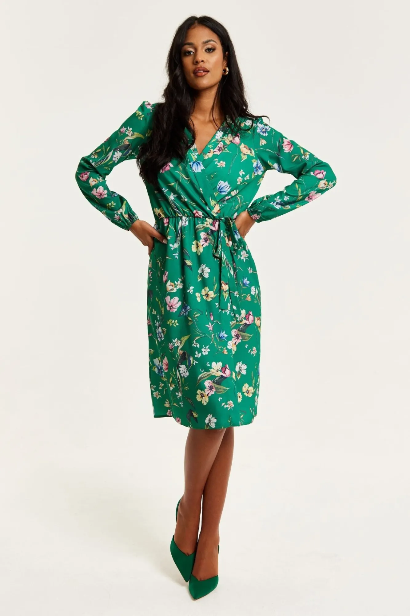 Midi Dresses^Liquorish Floral Print Midi Fake Wrap Dress Green