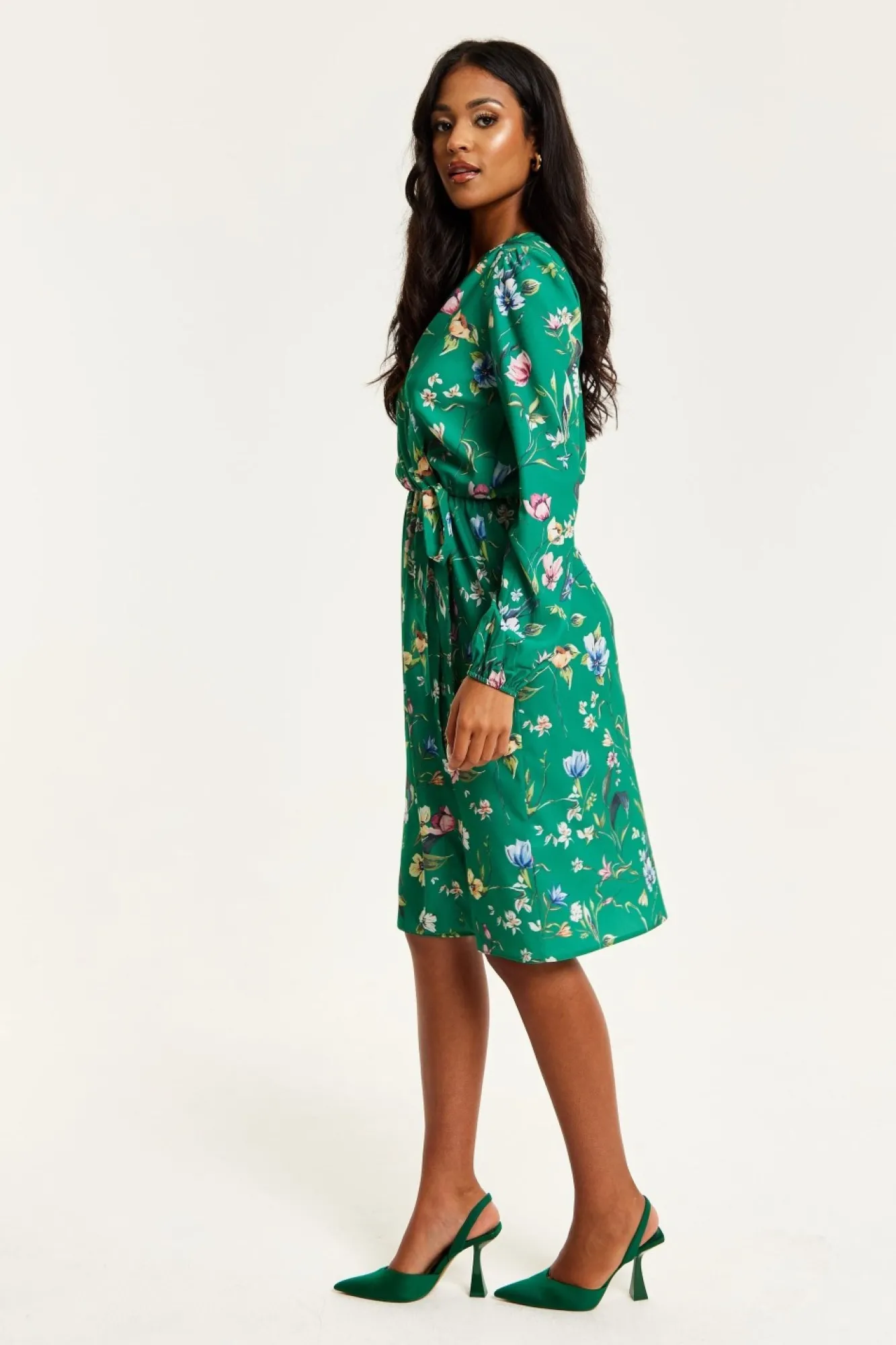 Midi Dresses^Liquorish Floral Print Midi Fake Wrap Dress Green
