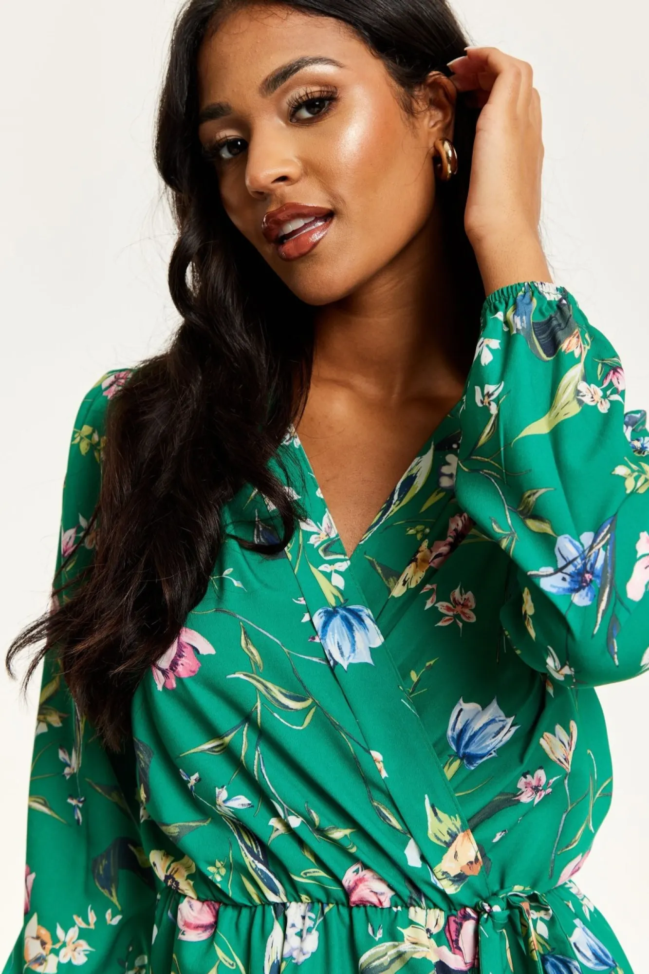 Midi Dresses^Liquorish Floral Print Midi Fake Wrap Dress Green