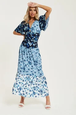 Midi Dresses^Liquorish Floral Print Midi Dress In Blue Navy And White Multicolour