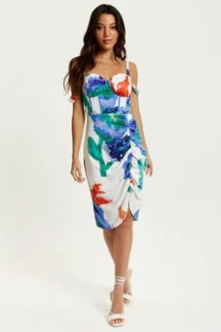 Mini Dresses^Liquorish Floral Print Ruched White Based Mini Dress Multicolor
