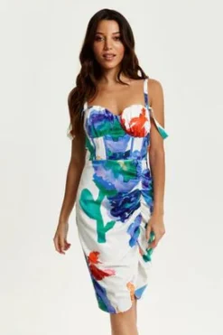 Mini Dresses^Liquorish Floral Print Ruched White Based Mini Dress Multicolor