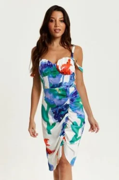 Mini Dresses^Liquorish Floral Print Ruched White Based Mini Dress Multicolor