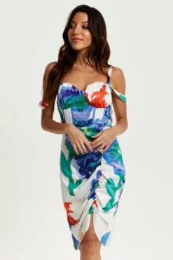Mini Dresses^Liquorish Floral Print Ruched White Based Mini Dress Multicolor
