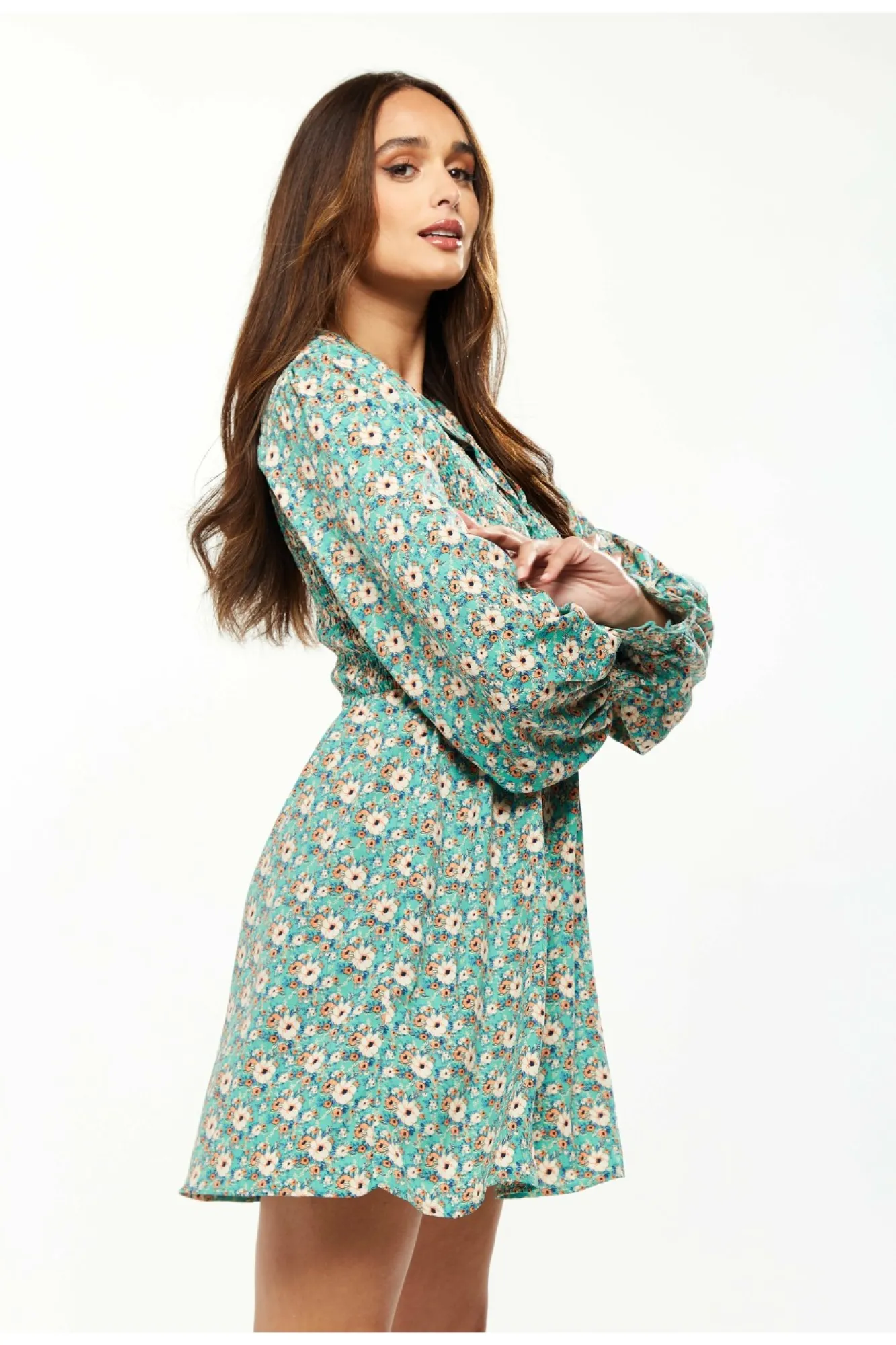 Mini Dresses^Liquorish Floral Print Smock Mini Dress Peter Pan Green