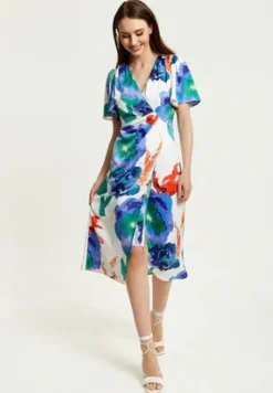 Midi Dresses^Liquorish Floral Print White Based Midi Wrap Dress Multicolor