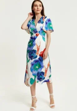 Midi Dresses^Liquorish Floral Print White Based Midi Wrap Dress Multicolor
