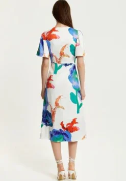 Midi Dresses^Liquorish Floral Print White Based Midi Wrap Dress Multicolor