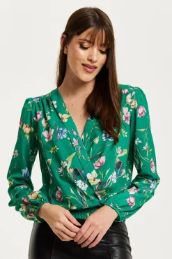 Blouses^Liquorish Floral Print Wrap Top Green
