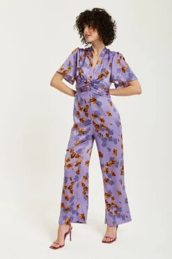 Jumpsuits^Liquorish Floral Wide Leg Jumpsuit With Angel Sleeves Purple