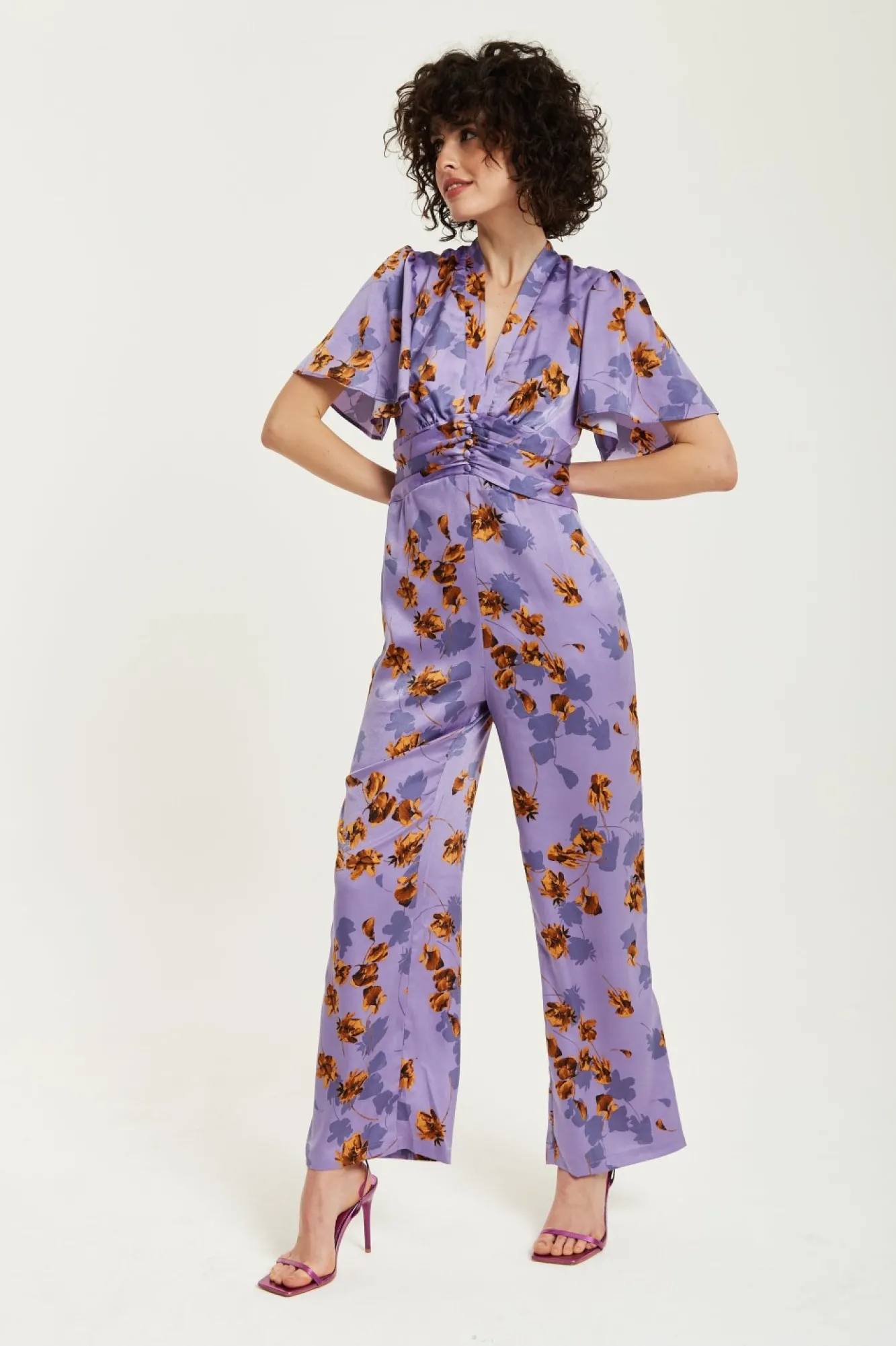 Jumpsuits^Liquorish Floral Wide Leg Jumpsuit With Angel Sleeves Purple