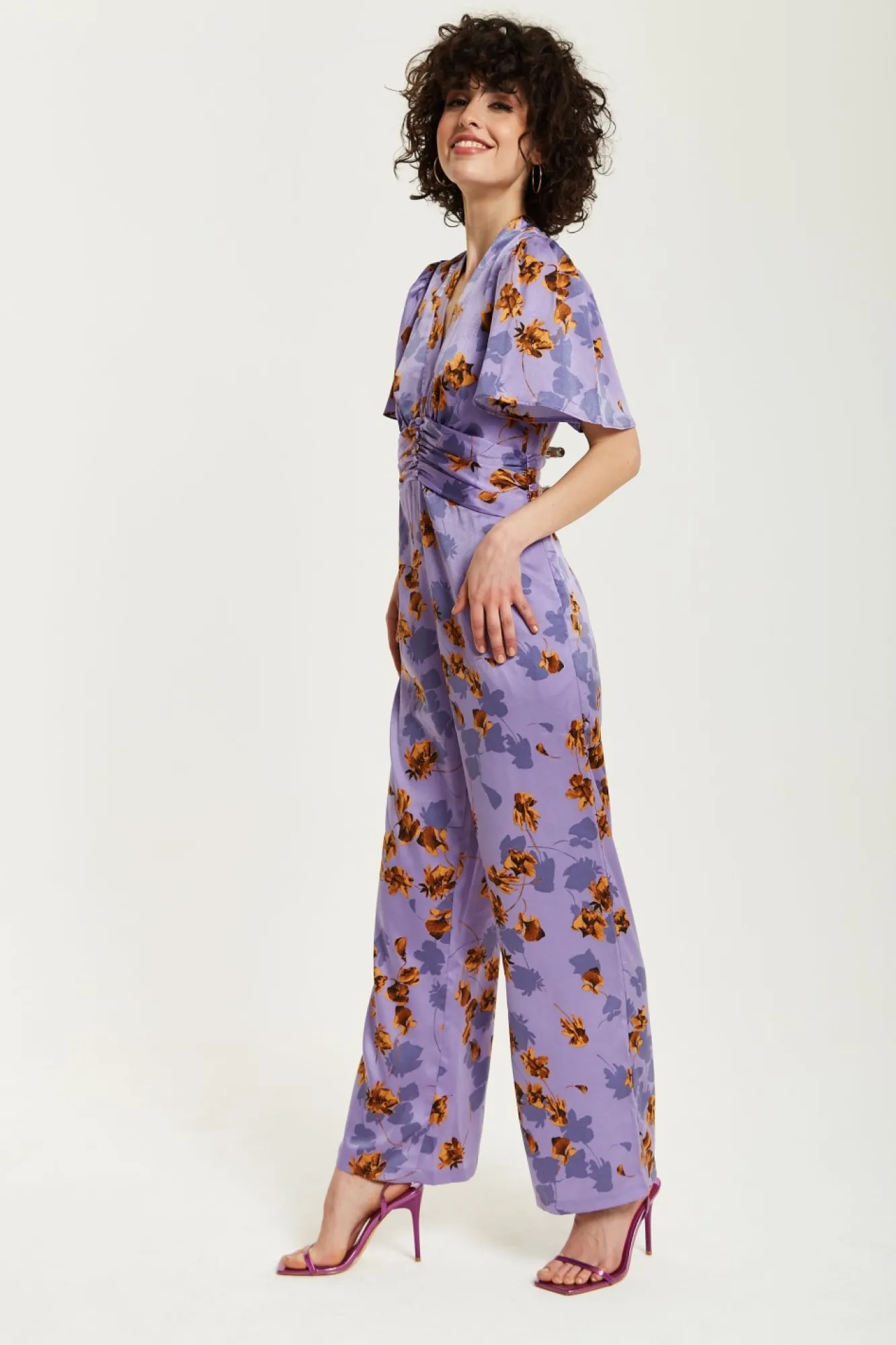 Jumpsuits^Liquorish Floral Wide Leg Jumpsuit With Angel Sleeves Purple