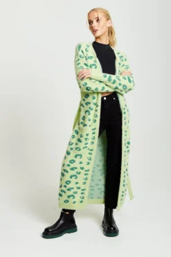 Cardigans^Liquorish Fluffy Longline Cardigan In Animal Print Green