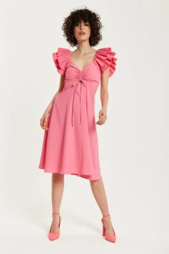 Midi Dresses^Liquorish Frill Sleeves Midi In With Ruching Front Pink