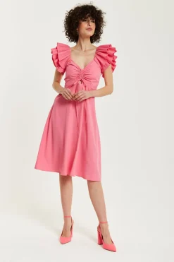 Midi Dresses^Liquorish Frill Sleeves Midi In With Ruching Front Pink