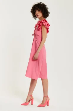 Midi Dresses^Liquorish Frill Sleeves Midi In With Ruching Front Pink