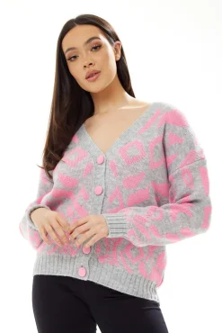 Cardigans^Liquorish Geometric Pattern Cardigan In Pink And Grey