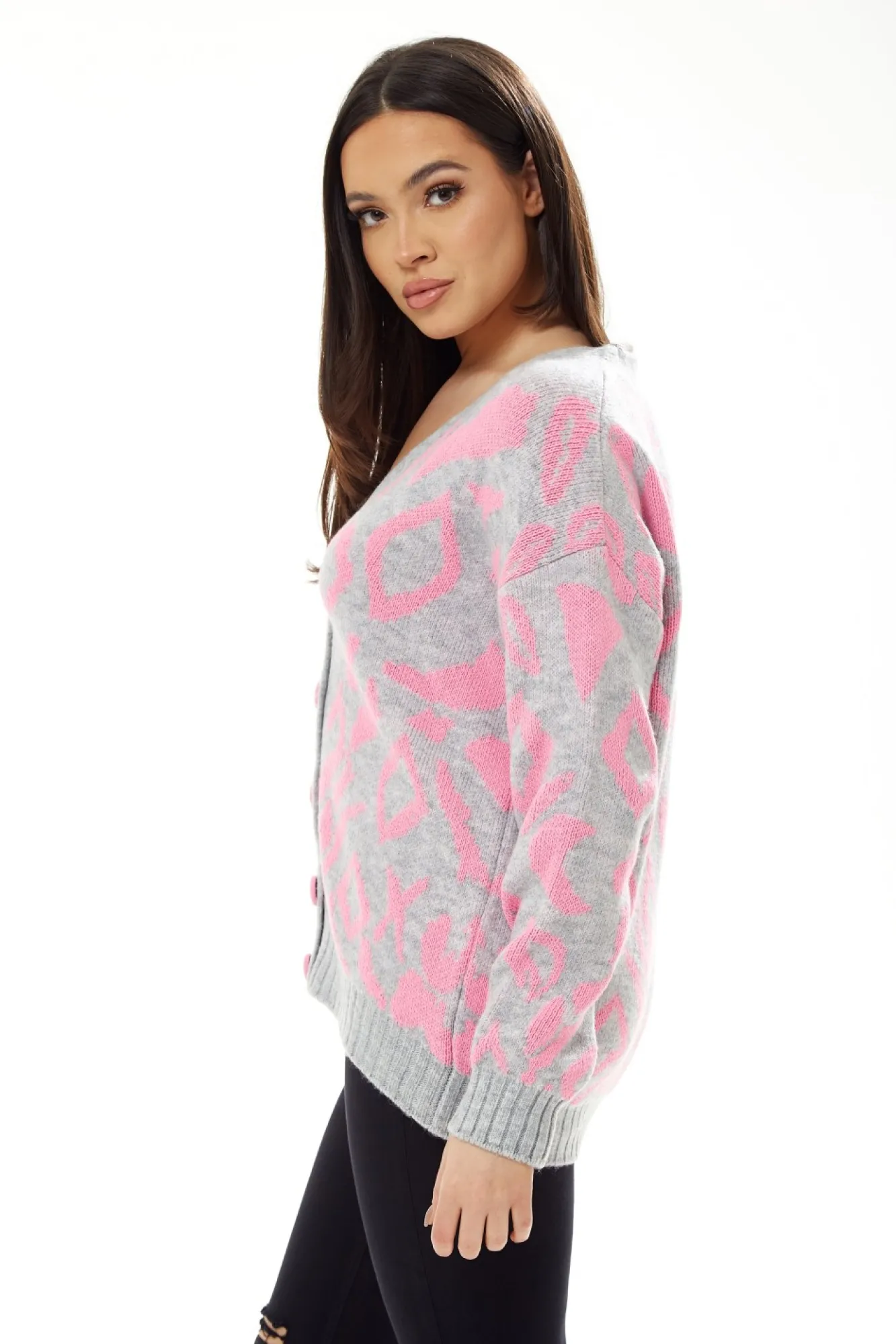 Cardigans^Liquorish Geometric Pattern Cardigan In Pink And Grey