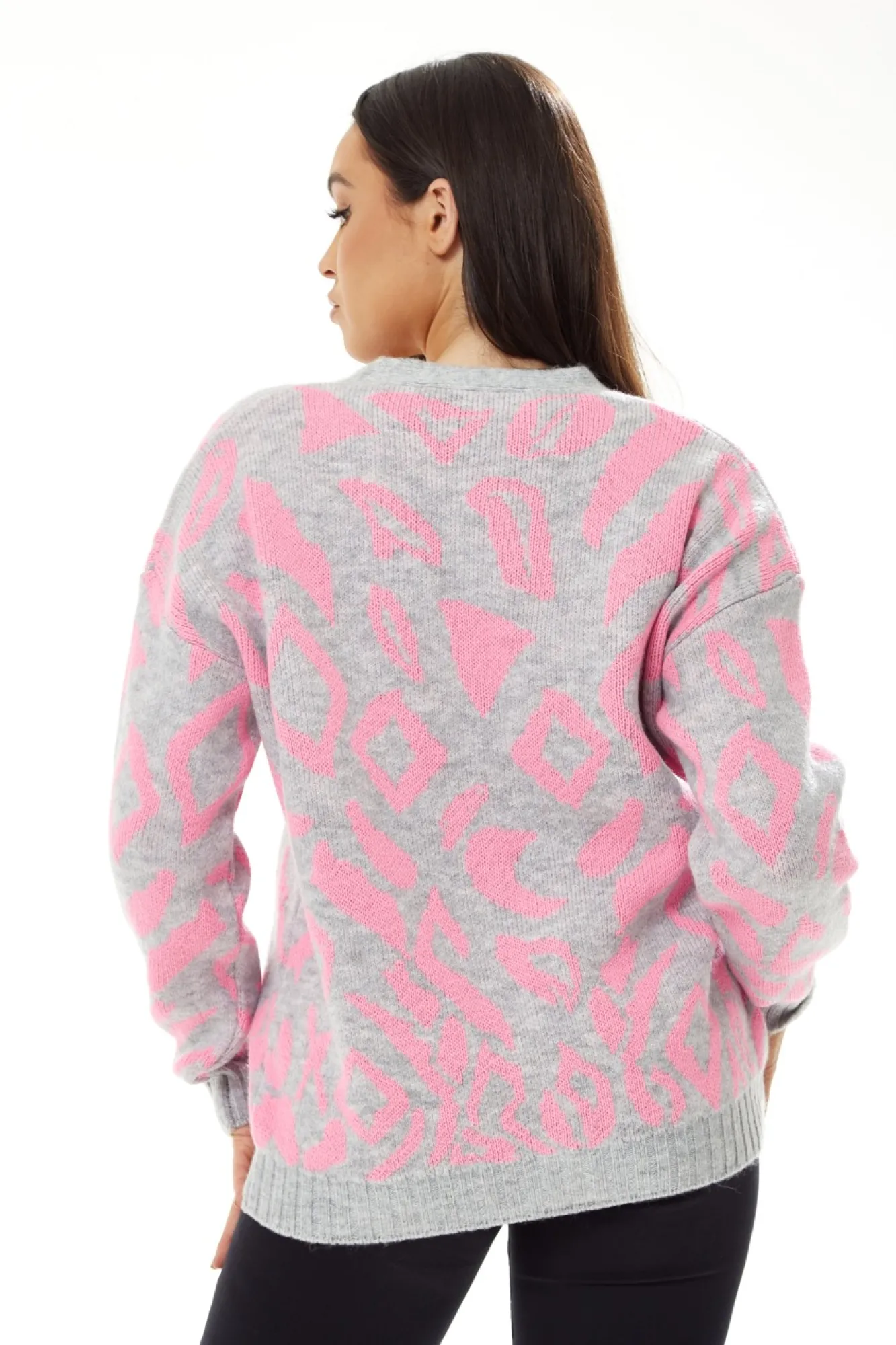 Cardigans^Liquorish Geometric Pattern Cardigan In Pink And Grey