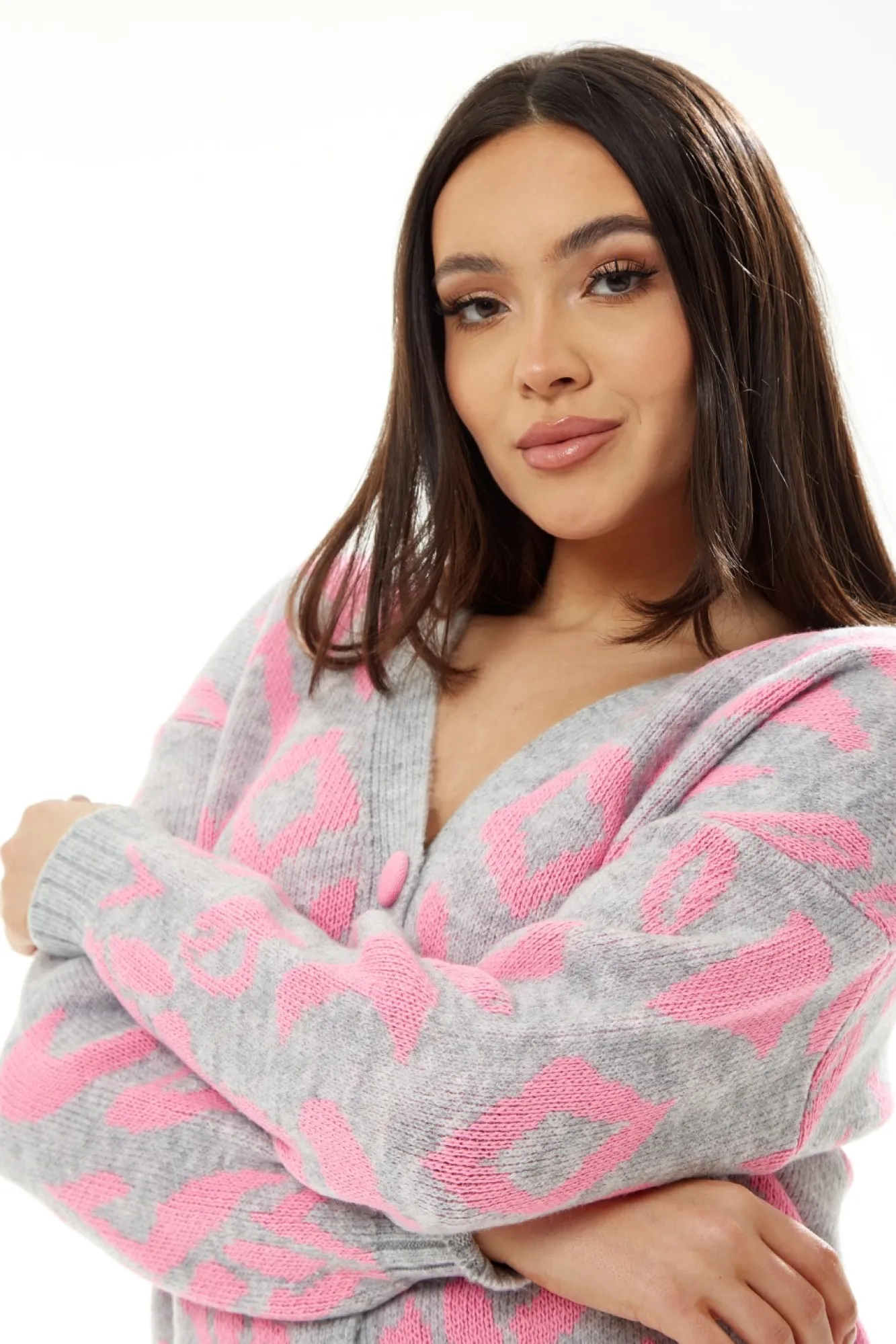 Cardigans^Liquorish Geometric Pattern Cardigan In Pink And Grey