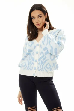Cardigans^Liquorish Geometric Pattern Cardigan In Blue And White Bluewhite