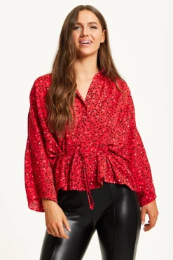 Long Sleeve Tops^Liquorish Heart Print Shirt With Long Sleeves And Tie Waist Red
