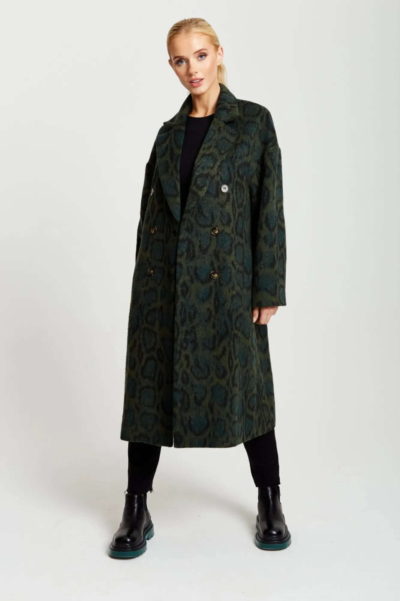 Outerwear^Liquorish Leopard Print Longline Coat Khaki