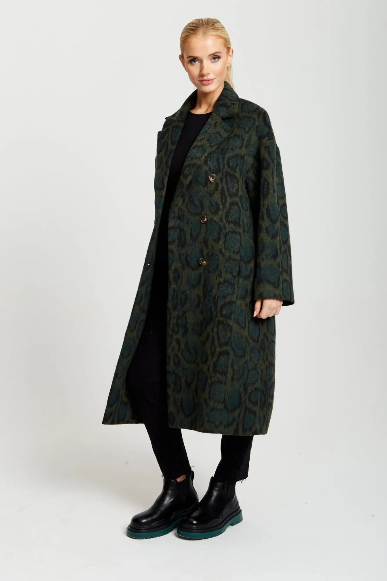 Outerwear^Liquorish Leopard Print Longline Coat Khaki