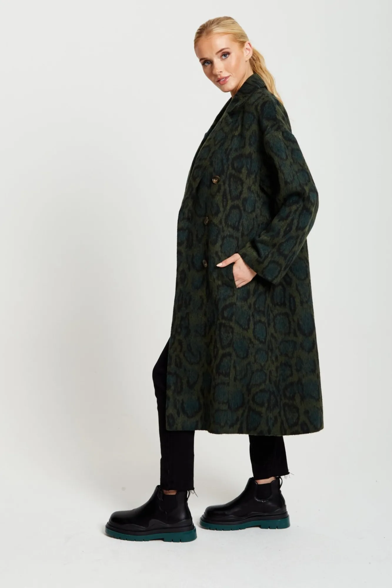 Outerwear^Liquorish Leopard Print Longline Coat Khaki