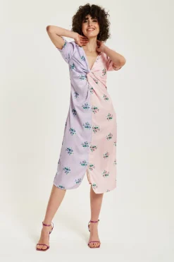 Midi Dresses^Liquorish Lilac And Floral Knot Front Midi Dress Pink