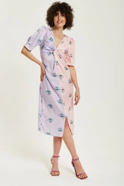 Midi Dresses^Liquorish Lilac And Floral Knot Front Midi Dress Pink