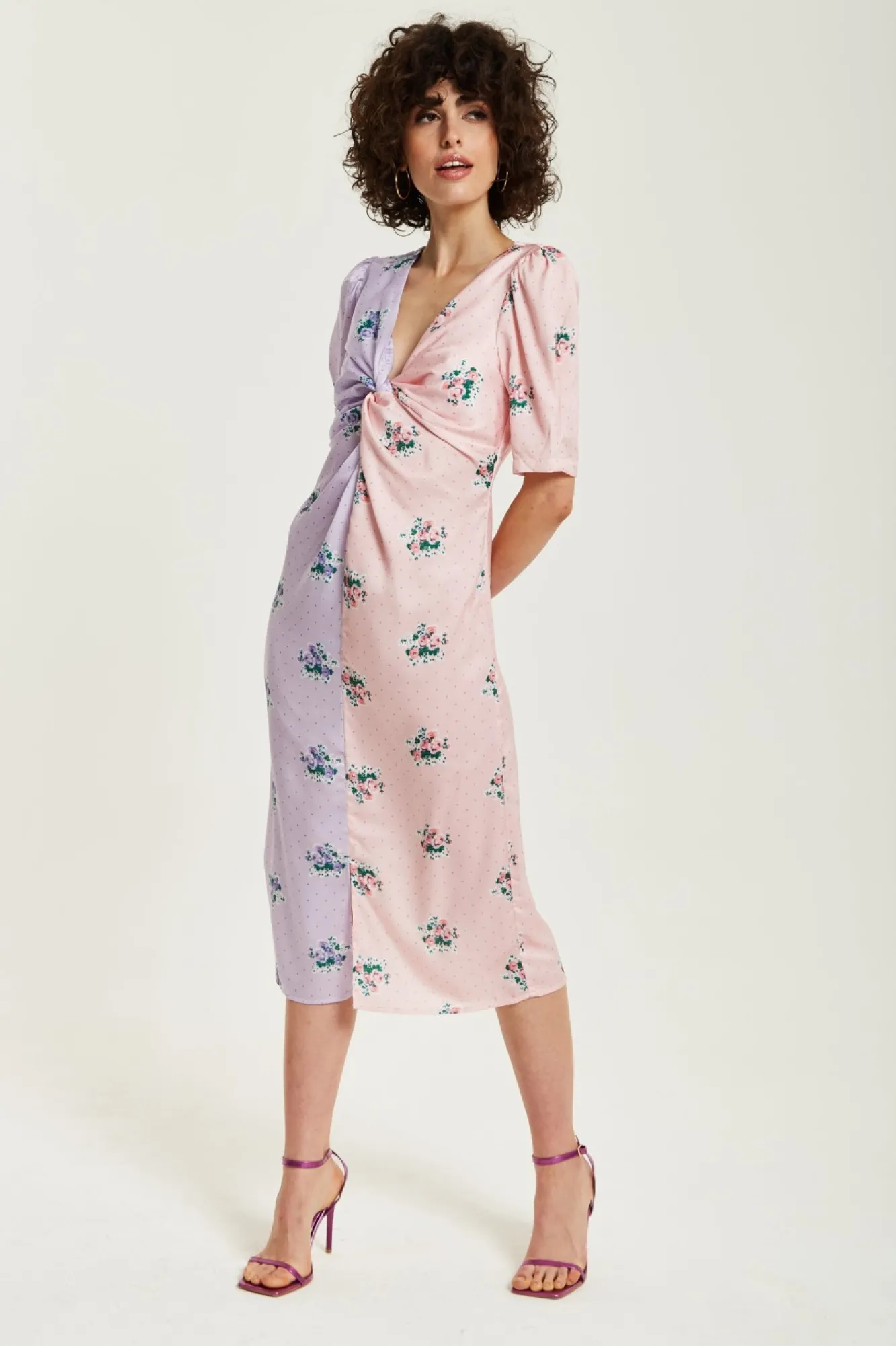 Midi Dresses^Liquorish Lilac And Floral Knot Front Midi Dress Pink