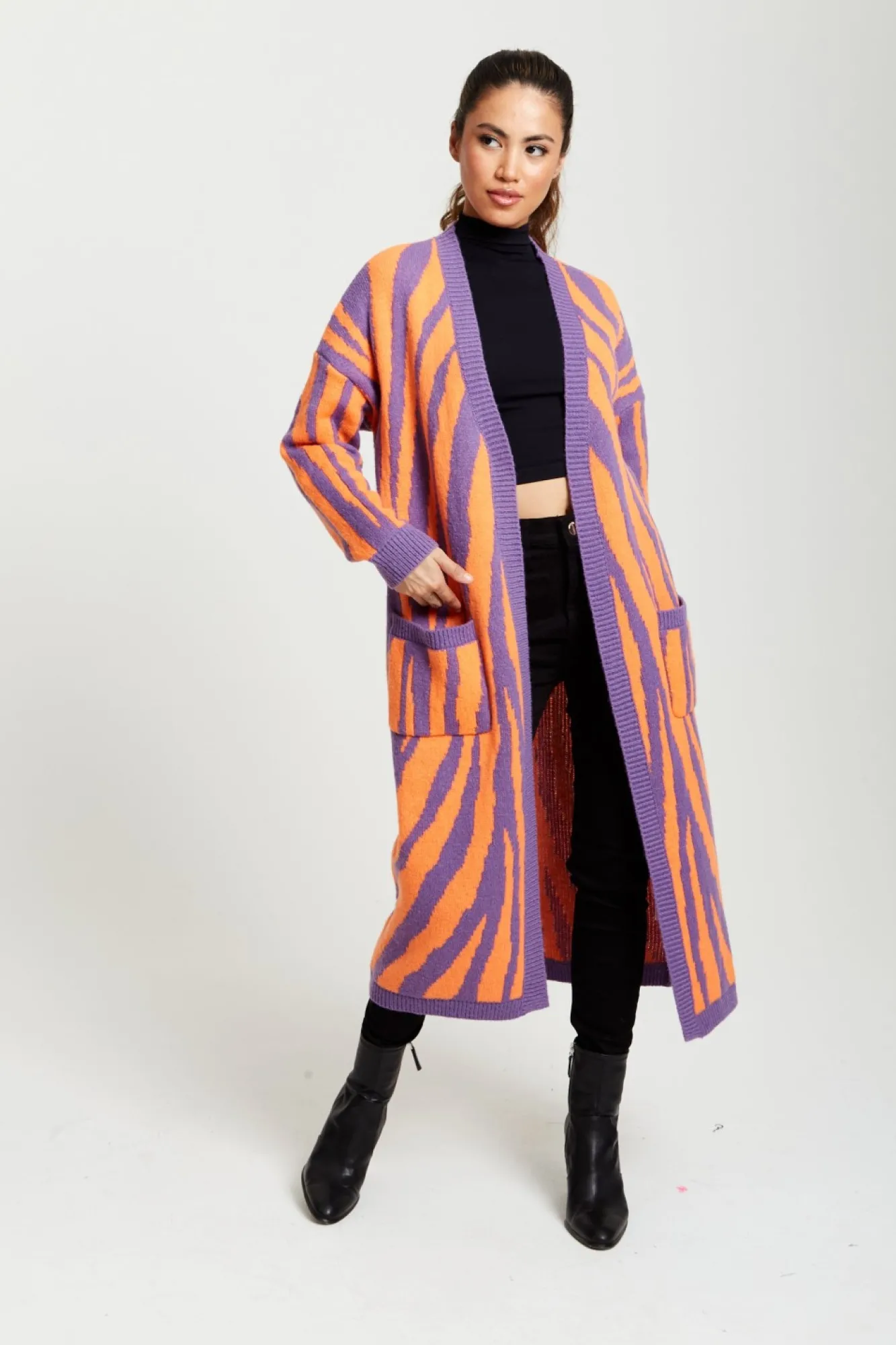 Cardigans^Liquorish Longline Cardigan In Orange And Purple Orangepurple