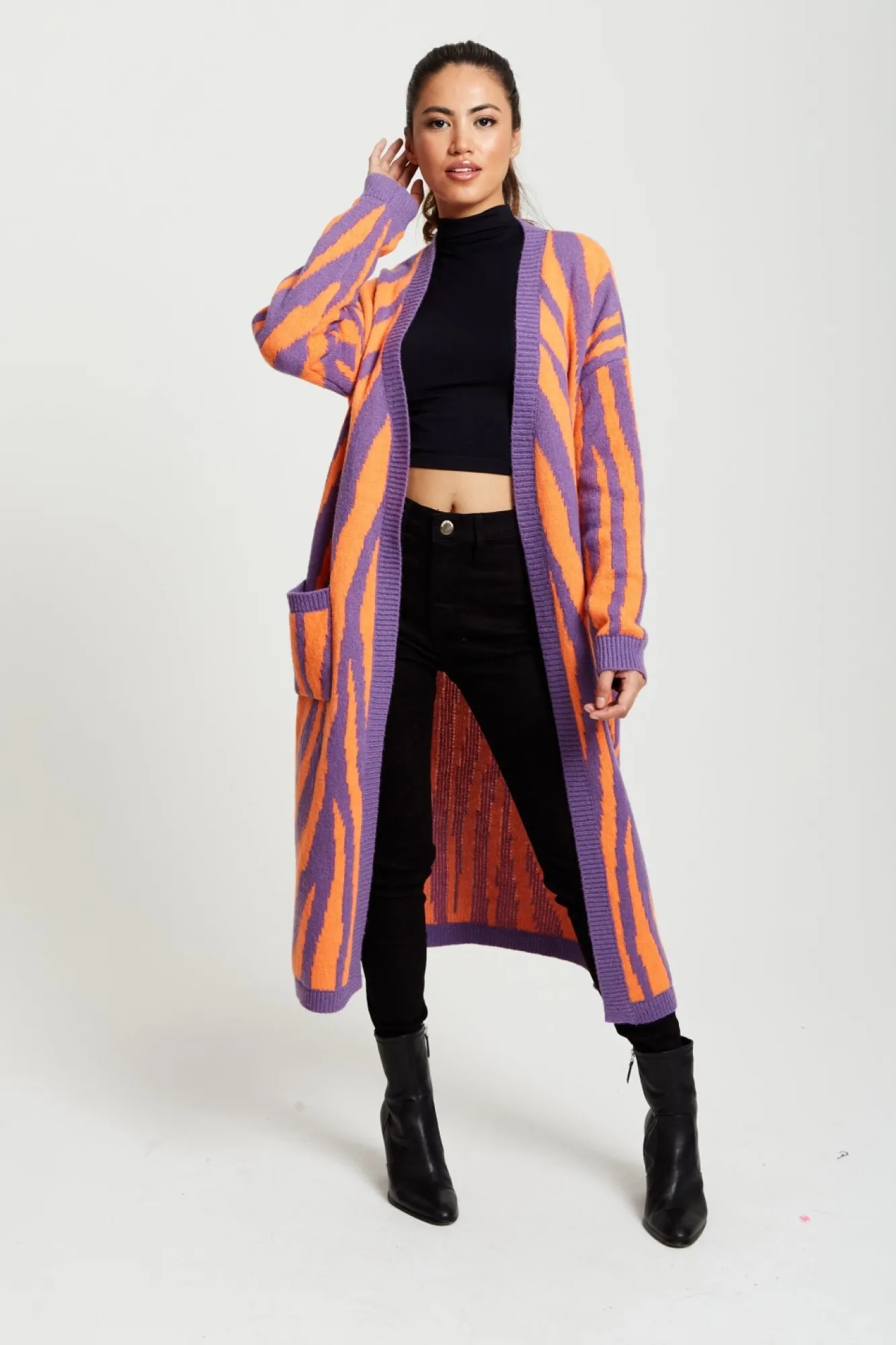 Cardigans^Liquorish Longline Cardigan In Orange And Purple Orangepurple