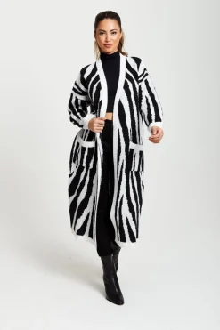Cardigans^Liquorish Longline Cardigan In Black And White Zebra Pattern Blackwhite