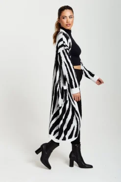 Cardigans^Liquorish Longline Cardigan In Black And White Zebra Pattern Blackwhite