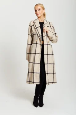 Outerwear^Liquorish Longline Check Coat Beige