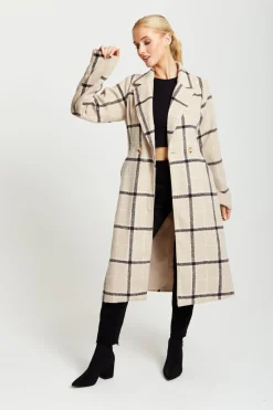 Outerwear^Liquorish Longline Check Coat Beige