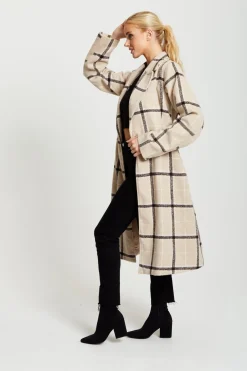 Outerwear^Liquorish Longline Check Coat Beige