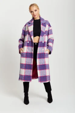 Outerwear^Liquorish Longline Coat In Pink And Navy Checks Pinknavy
