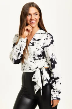 Crop Tops^Liquorish Mono Abstract Print Wrap Top With Long Sleeves Multicolour