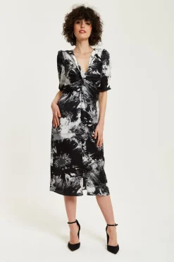 Midi Dresses^Liquorish Mono Abstract Print Knot Front Midi Dress Multicolour