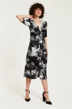 Midi Dresses^Liquorish Mono Abstract Print Knot Front Midi Dress Multicolour