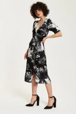 Midi Dresses^Liquorish Mono Abstract Print Knot Front Midi Dress Multicolour